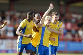 Aaron Lewis celebrates 'that' goal for Stags in the Sky Bet League 2 match against Accrington Stanley FC at The Wham Stadium, 09 Sept 2023 
Photo Chris & Jeanette Holloway / The Bigger Picture.media