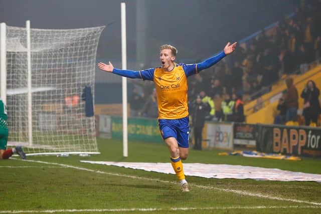 Harry Charsley celebrates after scoring a second goal against Walsall.