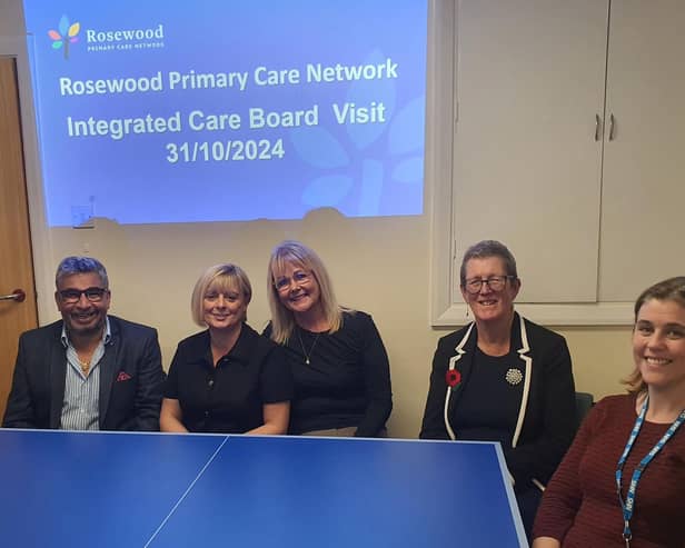 Pictured at the visit to Rosewood PCN are: Leanne Monger –Deputy Place Partnership Director, Mid-Notts PBP; Dr Milind Tadpatrikar Clinical Lead, Rosewood PCN; Sharon Atherton, Digital & Transformation Lead, Rosewood PCN; Andrea Lucken, PA to Clinical Lead and SMD Care Coordinator, Rosewood PCN; Dr Kathy McLean, Chair, NHS Nottingham & Nottinghamshire ICB and Claire O’Mara, Primary Care Senior Transformation Manager, NHS Nottingham & Nottinghamshire ICB.