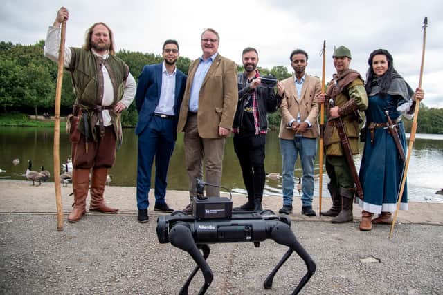 Pictured, from left, are Little John, Dr Moad Idrissi (Birmingham City Uni) Coun Keith Girling, Phil Hasted of Gooii, Ahmed Osman (Birmingham City Uni) Robin Hood and Maid Marian