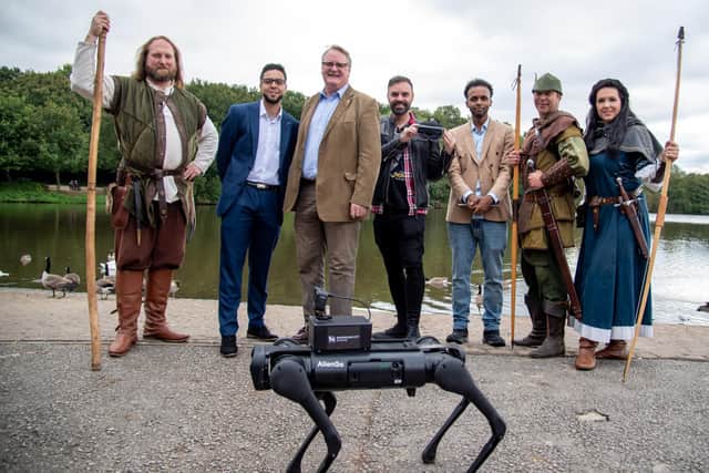 Pictured, from left, are Little John,  Dr Moad Idrissi (Birmingham City Uni) Coun Keith Girling, Phil Hasted of Gooii,  Ahmed Osman (Birmingham City Uni) Robin Hood and Maid Marian