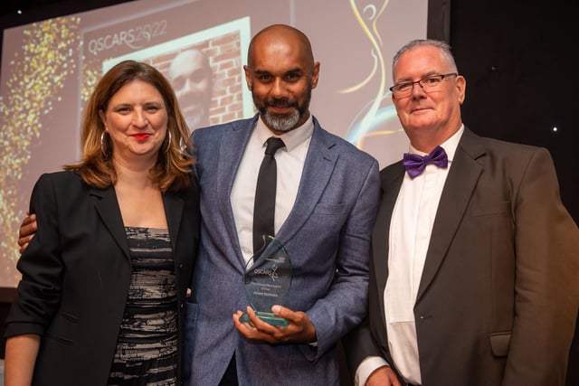 The Unsung Hero (clinical) award went to Ameet Malhotra, trainee cognitive behavioural therapist (centre). 'He listened with absolute care, kindness and compassion and never made me feel rushed or judged'. He is pictured with BBC Radio Nottingham’s Sarah Julian (left) and Trust chair Paul Devlin (right).