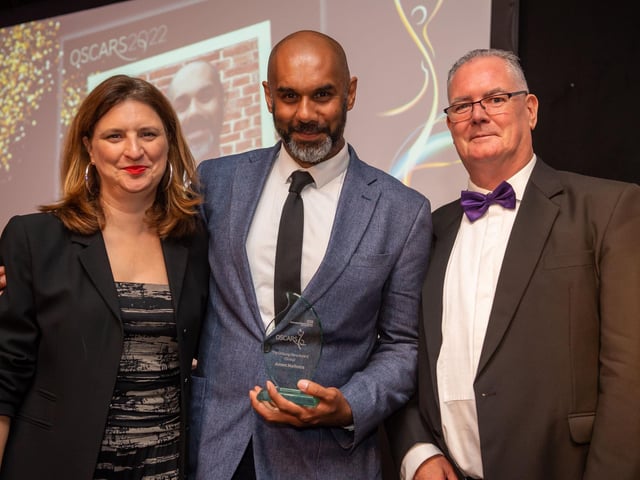 The Unsung Hero (clinical) award went to Ameet Malhotra, trainee cognitive behavioural therapist (centre). 'He listened with absolute care, kindness and compassion and never made me feel rushed or judged'. He is pictured with BBC Radio Nottingham’s Sarah Julian (left) and Trust chair Paul Devlin (right).