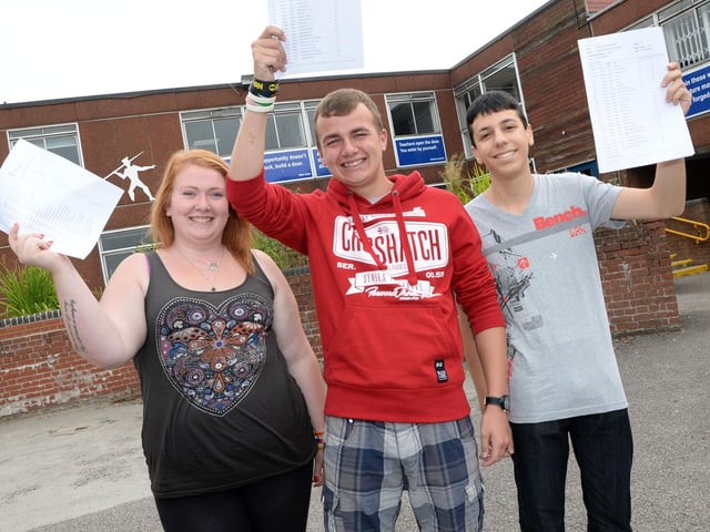 GCSE results at Kirkby College in 2013. Pictured are Sophie Hill, Aiden Foley and Aleks Kornov.