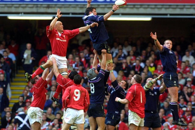 Scott Murray leaps highest to claim lineout ball for Scotland in Cardiff. The lock was capped 87 times between 1997 and 2007.