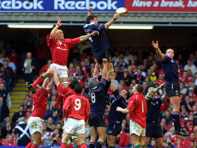 Scott Murray leaps highest to claim lineout ball for Scotland in Cardiff. The lock was capped 87 times between 1997 and 2007.