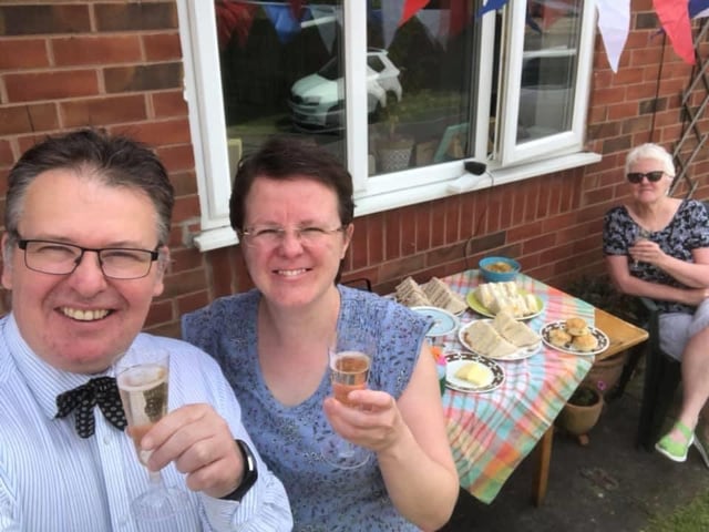 Ann, Jodie and Chris getting into the VE Day spirit in their garden in 2020. Image shared by Mansfield Council.