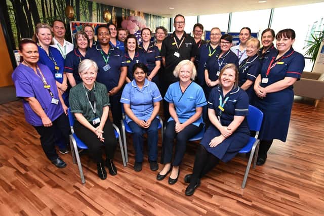 Dame Ruth May and Kate Brintworth with members of the Maternity team at King's Mill Hospital.