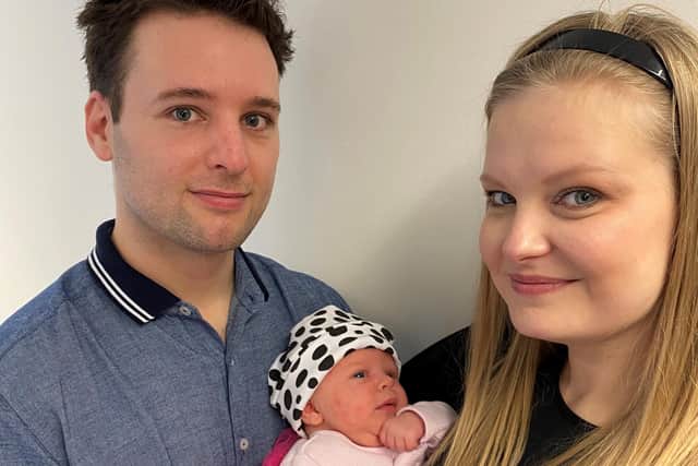 Emily Thompson with her parents Adam Thompson and Martyna Franiasz. New mum Martyna Franiasz successfully quit smoking at the start of her pregnancy thanks to support from Sherwood Forest Hospitals NHS Trust's new tobacco dependency team.