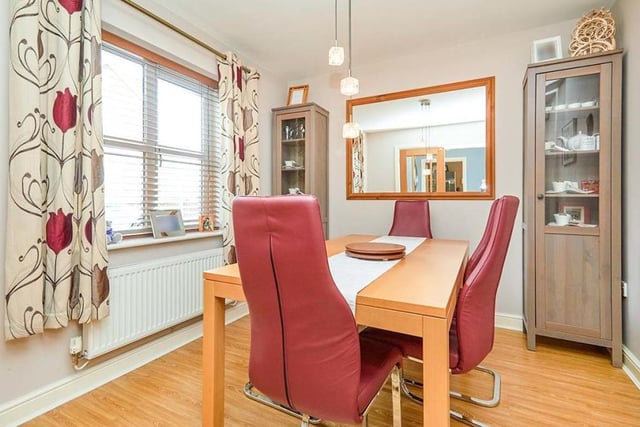 The dining room, which is a good size, is a pleasant space for evening meals or to entertain friends. The uPVC double-glazed window overlooks the front of the house, while double doors lead into the hallway. The floor is laminated.
