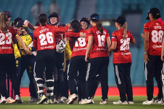 Tammy Beaumont of The Blaze celebrates with team mates after winning the Vitality Blast Final match between Durham Women and The Blaze at The Kia Oval on July 17, 2026 in London, England. (Photo by Ben Hoskins/Getty Images for Surrey CCC)