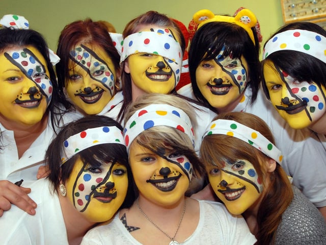 Mansfield's Specsavers staff put their heads together to come up with fundraising idea for Children In Need.  Pictured are Sarah Alberry, Hayley Mason, Lorraine Hopewell, Claire Fox, Ann Darby, Laura Penny, Katie Wilson and Tiffany Mills. 2010.