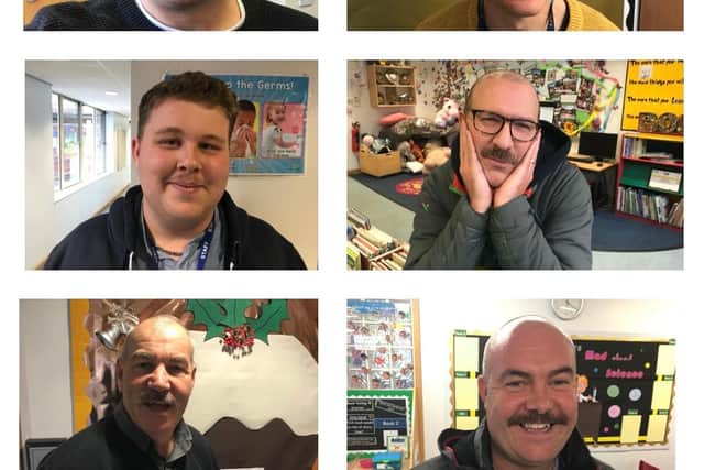 Pictured left to right and top to bottom: Head teacher Nadeem Shah, with teaching assistant Jack Farinazzo, teaching assistant Tristan Jones, deputy head Robert Rumsby, site manager Mark Jenks and teaching assistant John Hayes.
