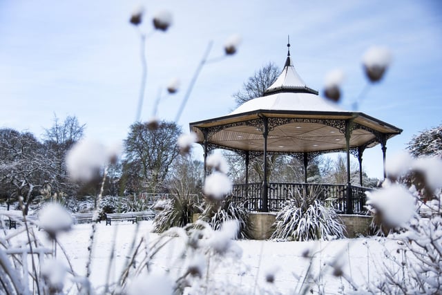 Snow covered bandstand at Carr Bank Park, Mansfield.