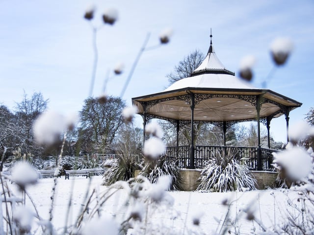 Snow covered bandstand at Carr Bank Park, Mansfield.