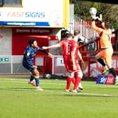 Crawley keeper Glenn Morris snuffs out a Mansfield attack. Picture by Jamie Evans