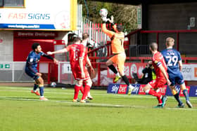 Crawley keeper Glenn Morris snuffs out a Mansfield attack. Picture by Jamie Evans