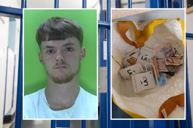 Lewis with the bag of drugs he was caught with. Photo: Nottinghamshire Police