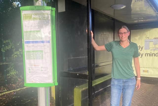 Coun Helen-Ann Smith outside one of the 141 bus stops in Stanton Hill. Picture: Ashfield Independents