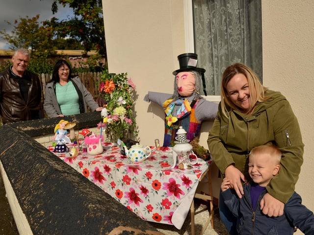 Judging of the Huthwaite Scarecrow competition in 2018, pictured are Ali Lakin with Son Mason, three, Mandy Hernon and Coun Lee Anderson