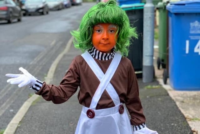 Gracie Mae, age 6, from Mansfield, dressed as a character from Charlie and the Chocolate Factory.