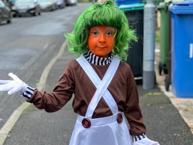 Gracie Mae, age 6, from Mansfield, dressed as a character from Charlie and the Chocolate Factory.