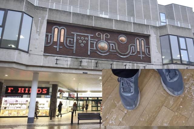 Photo of Mansfield Four Seasons Shopping Centre, accompanied by a photo from The Little Lotion company of the water-logged floor at their unit.