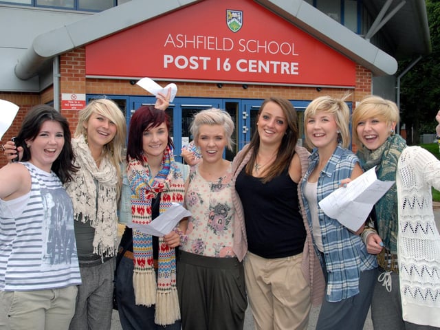 Ashfield School pupils celebrate their GCSE results on Tuesday. Pictured L to R are; then 16 year olds, Sade Corbett, Sophie Kingswood, Sarah Keightley, Bethany Andrews, Jessica Stones, Abby Holbrook and Nikki Looms.