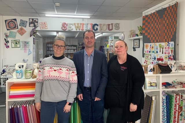 Jenny Tindall, Councillor Dave Hennigan and Fiona Asbury at Sewilicious Fabrics. - Picture: David Hennigan