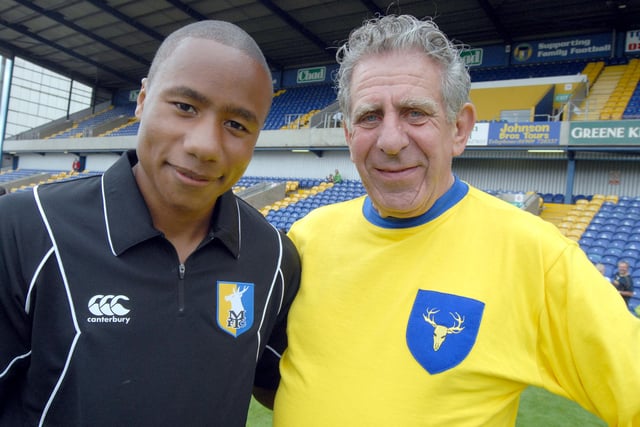 Jonathan D'Laryea pictured with Stags fan Dave Palfreman, from Leicester, who is wearing a Stags shirt from the 1960's at Field Mill during Sunday's Open Day. Dave first visited Field Mill in 1946 at the age of eight.