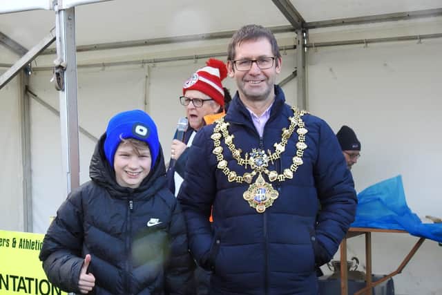 Bronze medal winner Eddie Lowe with Mansfield mayor Andy Abrahams, who made the presentations.