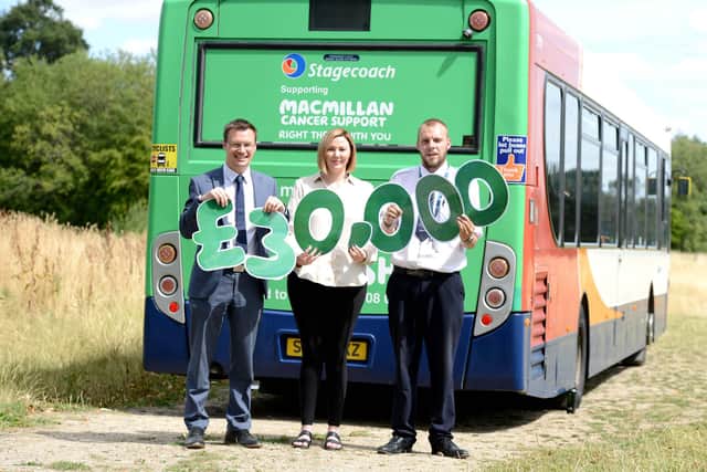 Matt Cranwell, managing director at Stagecoach East Midlands, Katherine Booth, relationship fundraising manager at Macmillan Cancer Support and Ryan Michael, driver for Stagecoach East Midlands