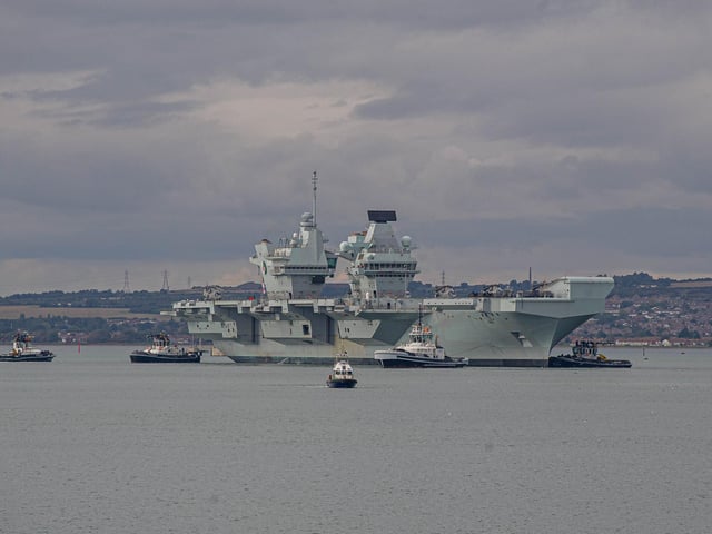 HMS Queen Elizabeth leaves Portsmouth on 9 September 2020. Pictured: View from Still & West Pub, Portsmouth of HMS QE. Picture: Habibur Rahman
