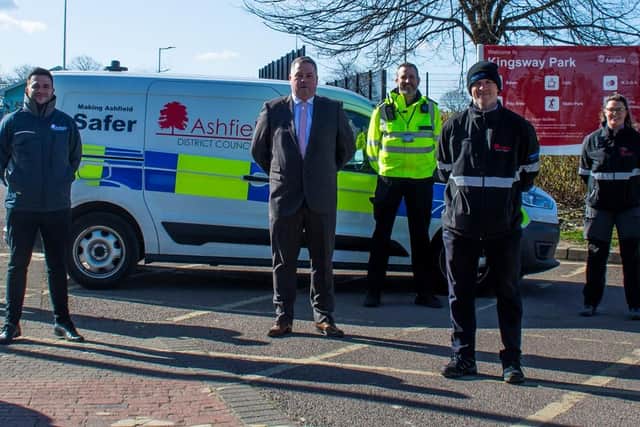 Some members of the new litter-enforcement team on duty at Kingsway Park in Kirkby.