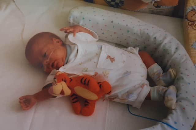 Kieron in the special care baby unit of Bassetlaw Hispital in Worksop, four months after he was born.