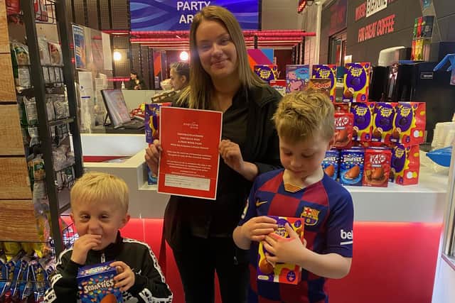 Hugo and Albie took the visitors at the Lammas Leisure Centre soft play area to over 10,000. They are pictured enjoying their Easter egg after being given them and a certificate by  membership consultant Chloe Elwell