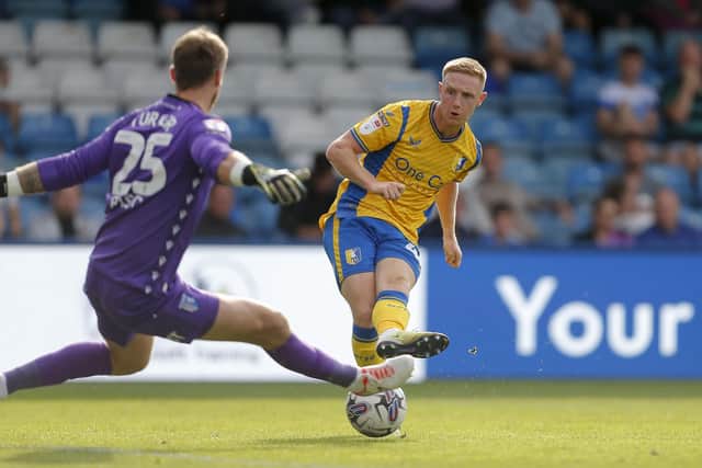 Davis Keillor-Dunn levels for Stags during the Sky Bet League 2 match against Gillingham FC at the MEMS Priestfield Stadium, 30 Sept 2023. 
Photo Chris & Jeanette Holloway / The Bigger Picture.media