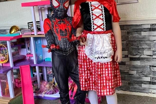 Roxy-Marie aged eight as Little Red Riding Hood and Danni-Louise aged six as Spider-Man.
