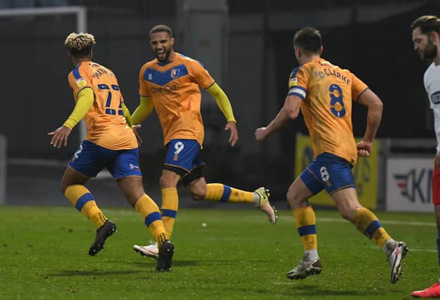 Mansfield's Nicky Maynard celebrates his winning goal. Pic by Andrew Roe/AHPix Ltd.