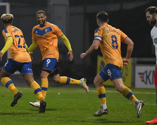 Mansfield's Nicky Maynard celebrates his winning goal. Pic by Andrew Roe/AHPix Ltd.