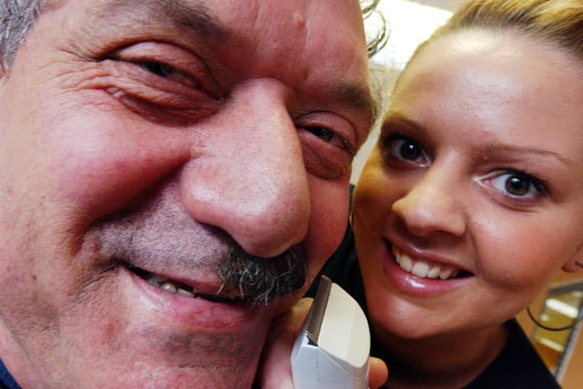 Joe Jobes had his moustache shaved off for charity in South Tyneside in 2004 and stylist Katrina Ashby was performing the task.