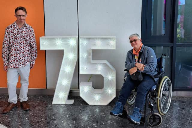 Cory Marsh and Deborah James with the light up number 75 which was at King's Mill Hospital (photo by Cory Marsh)