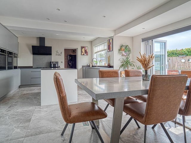 Let;s begin our tour of the £600,000-plus Selston property in the open-plan kitchen, dining and entertaining room, which has been recently upgraded and comes with a tiled floor and underfloor heating.