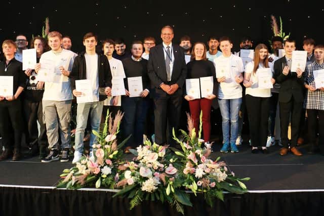 Winning students from the second ceremony with college principal Andrew Cropley. Picture: Rebecca Howarth/West Nottinghamshire College
