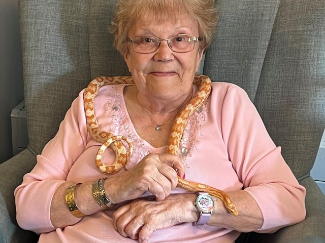 Resident from HC-One’s April Park Care Home with snake from Leanimals Petting Zoo