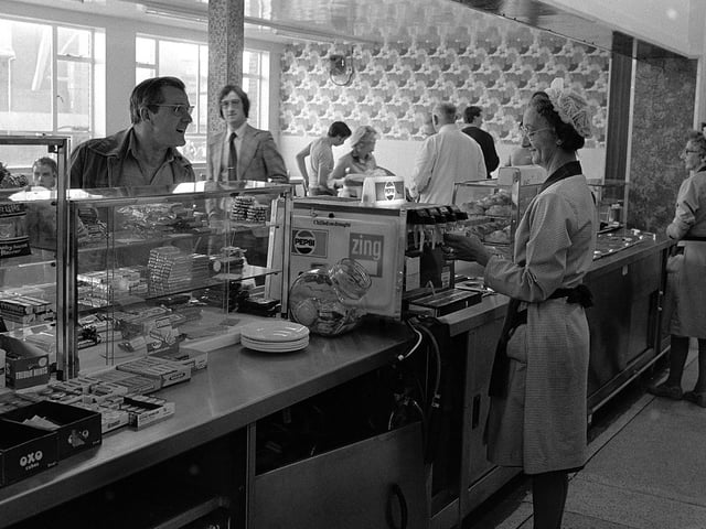 Canteen staff and workers at lunchtime at Clipstone Colliery in 1980.