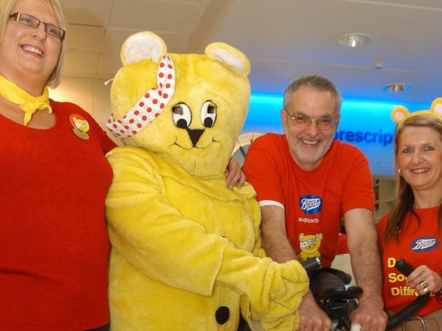 In 2007, staff of Boots in Sutton fundraised for Children in Need. Pictured from the left are; Joanne Clarke, Team Manager, Pudsey (Katherine Robinson), Peter Gragory, Manager and Pam Waring.