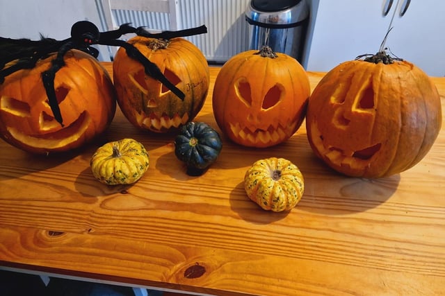 Caron Green shared a photo of a pumpkin family. These pumpkins were carved by her 12-year-old, nine-year-old, six-year-old and three-year-old children. Thanks for sharing.
