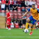 Mansfield Town forward Jordan Bowery  looks to make the cross during the Sky Bet League 2 match against Leyton Orient at the Breyer Group Stadium. Photo: Chris Holloway / The Bigger Picture