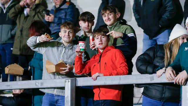 Stags fans at the Bristol Street Motors Trophy against Burton Albion FC at the Pirelli Stadium : 21 Nov 2023 : Photo Jeanette & Adam HOLLOWAY @ The Bigger Picture.media:Some of the Mansfield Town fans who headed to Burton for the EFL Trophy defeat.